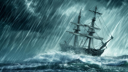 Obraz premium Sailing ship sailing at sea, overcast, storm in the ocean