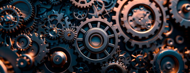 Abstract background metallic gears and cogs in various sizes, intertwined and casting shadows on a dark background.