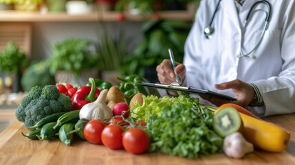 The doctor is writing in the medical records in front of him, surrounded by various vegetables and fruits, while holding fresh vegetable and fruit slices with his other hand