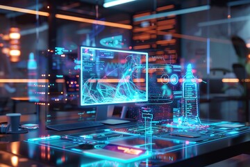 A futuristic office workspace with a glowing holographic display showcasing data and a sleek computer with a transparent keyboard.