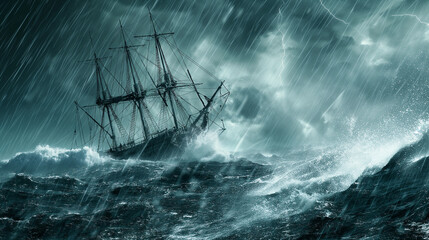 Sailing ship sailing at sea, overcast, storm in the ocean
