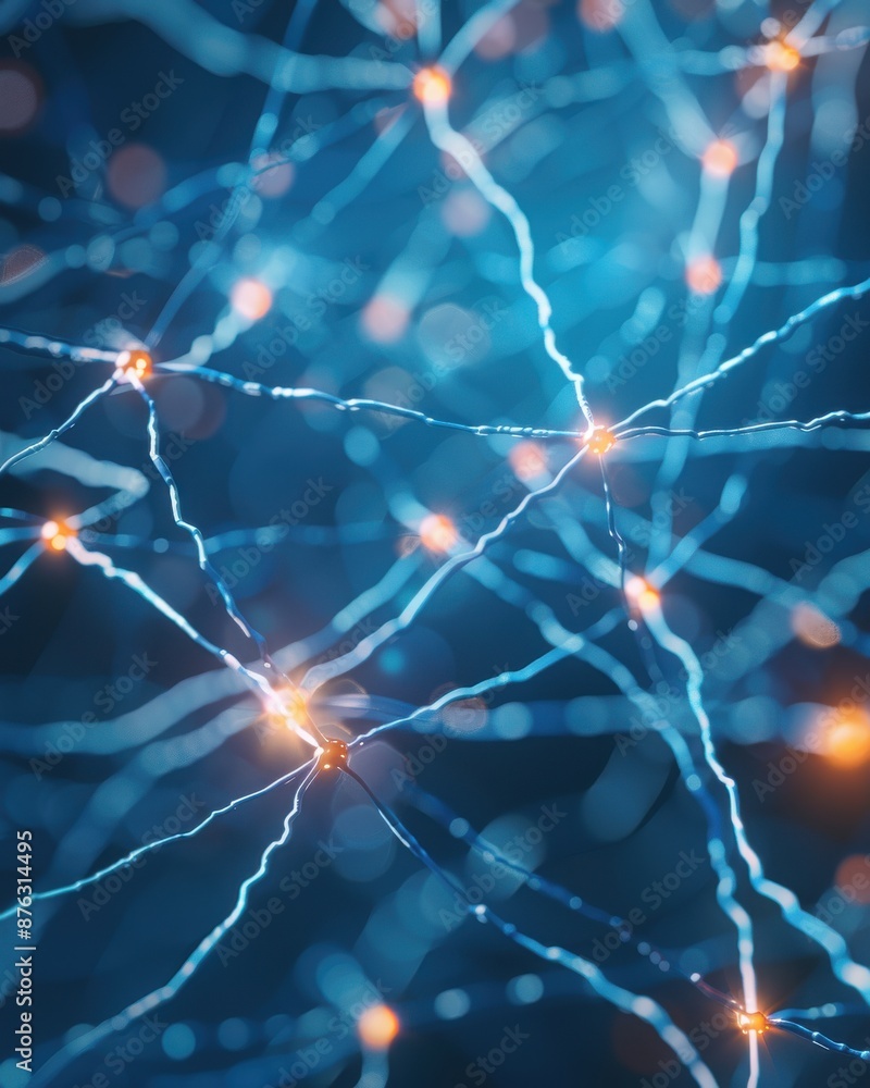 Poster a futuristic image of brain neurons connected by glowing synapses, showcasing their intricate interc
