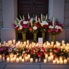 Fototapeta premium Street Violence: A memorial site with flowers and candles for victims of street violence