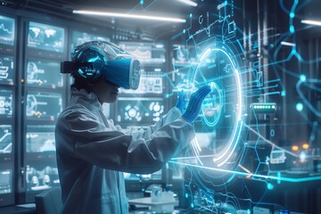 A scientist in a lab coat uses a VR headset to interact with a holographic interface.  futuristic technology, research, and innovation.