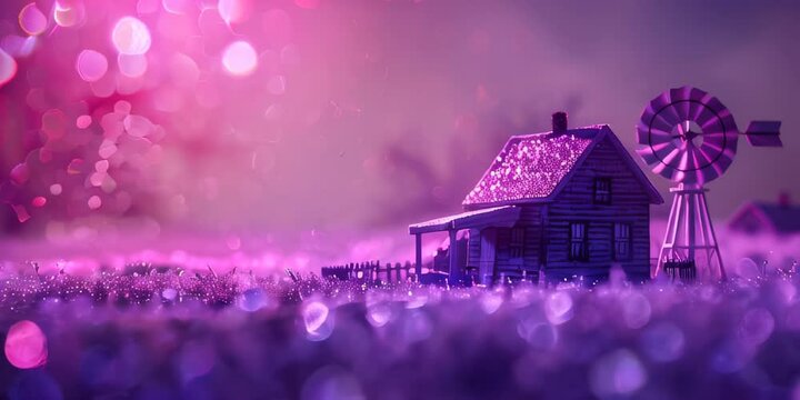 Small house with windmill in purple dreamy landscape