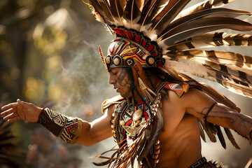 An Aztec warrior in traditional feathered attire, performing a ritual dance.


