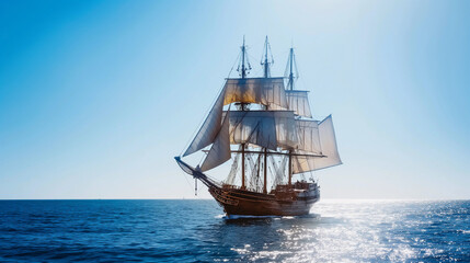 Fototapeta premium Sailing ship sailing at sea, sunny day, calm in the ocean