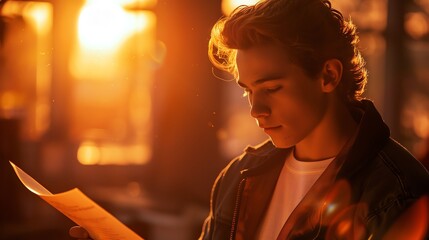 Fototapeta premium A young man with short hair reads a letter in warm, golden light. He is dressed in a leather jacket and a white t-shirt. The background is out of focus.