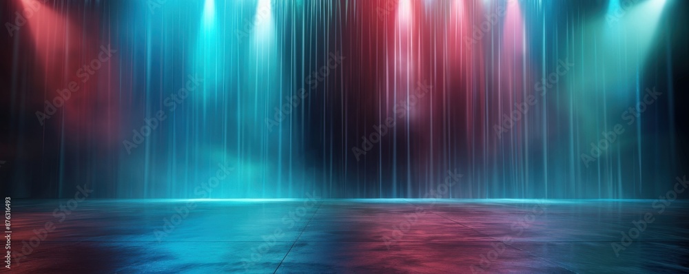 Poster a minimalist empty stage with a backdrop of blue and red neon lights, the spotlights casting vibrant
