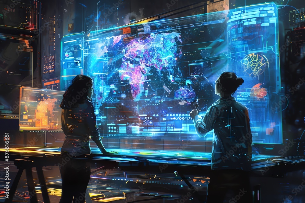 Poster two figures analyze a futuristic holographic map displaying global data. the room is lit with a blue