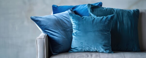 A plush sapphire velvet cushion on a vintage armchair, surrounded by other jewel-toned fabrics like amethyst and topaz