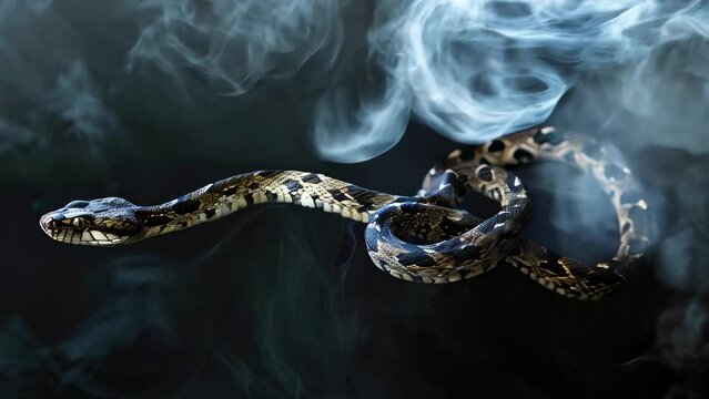 Coiled snake slithering amidst mystical, swirling smoke