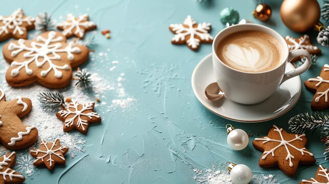 A cup of coffee with latte art and gingerbread cookies on a blue background with Christmas decorations.