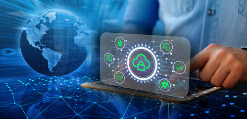 The concept of cyber security data protection and business technology privacy involves the use of virtual screens with cyber insurance icons.