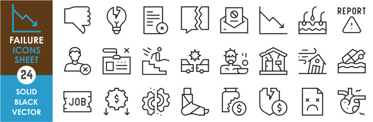 A set of line icons related to failure, Fail, loss, rejected, fall, broke, economic, grade, heart, jobless, homeless, dislike, disaster and so on. Vector outline icons set.