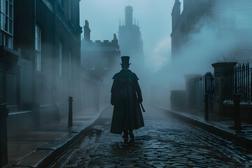 A Victorian-era detective in a foggy London street.


