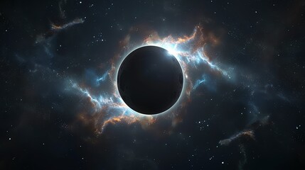 Naklejka premium A black hole in space, surrounded by swirling clouds of gas and dust, with stars scattered throughout the background.