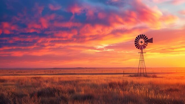 Sunset over field with windmill and colorful sky