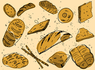 Set of freshly baked pastries. Bakery products are warm yellow in color. Vector illustration of color sketches isolated on a beige background