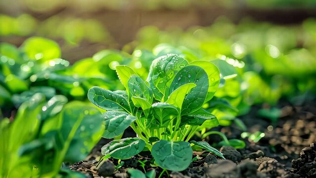 Fresh green spinach leaves with dew in sunlight