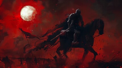 Obraz premium A lone rider on a black horse gallops through a fiery red landscape under a blood moon. The rider's cloak billows dramatically in the wind.