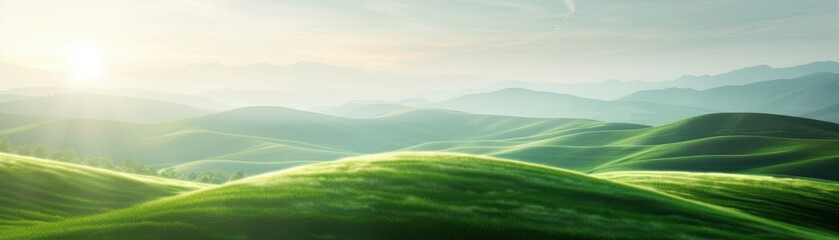 Fototapeta premium A serene green landscape with rolling hills and a clear blue sky, isolated on white background, ideal for nature-themed 