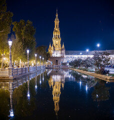 Night View of Plaza de Espana in Seville, Spain