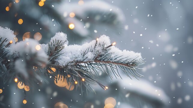 A snow covered pine tree branch with lights on it. Christmas background
