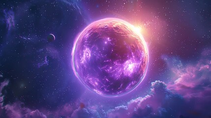 Fototapeta premium A vibrant, glowing purple planet in a cosmic scene. The planet shines brightly, surrounded by swirling clouds and twinkling stars.