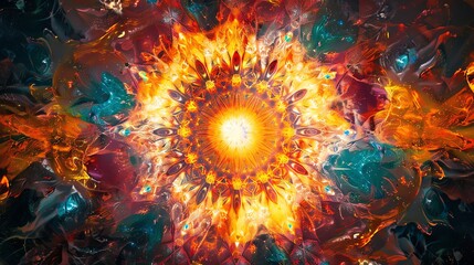 Abstract colorful fractal pattern with a bright glowing center, resembling a star or sun.