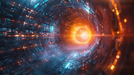 Fototapeta premium Abstract futuristic tunnel with glowing lights and a bright orange orb at the end.