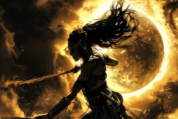 Obraz premium Silhouette of a woman warrior with flowing hair against a fiery backdrop.