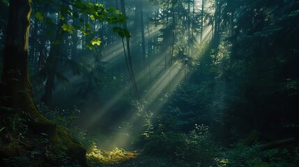 Sunlight streams through the dense canopy of a lush rainforest, illuminating the verdant undergrowth.