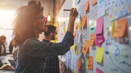 A diverse team of account managers brainstorming marketing strategies using a whiteboard and sticky notes in a bright, collaborative workspace.