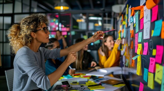 A diverse team of account managers brainstorming marketing strategies using a whiteboard and sticky notes in a bright, collaborative workspace.