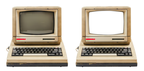 Vintage desktop computer with blank screen, cut out