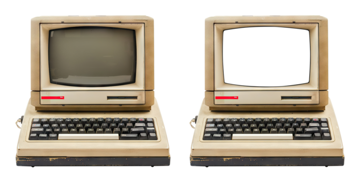 Vintage desktop computer with blank screen, cut out