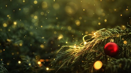 A red ornament hangs on a tree branch. Christmas background