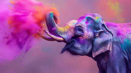 An elephant joyfully sprays colorful Holi powder, its skin vividly painted in purple and yellow, against a soft, blurred background.