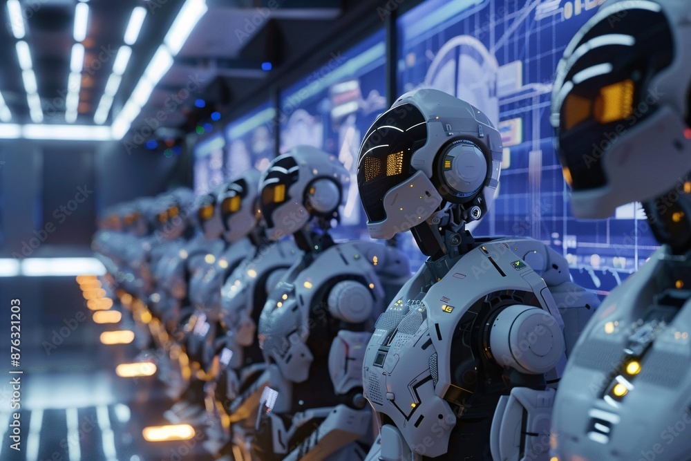 Poster a futuristic assembly line of advanced humanoid robots in a high-tech environment, illuminated by bl