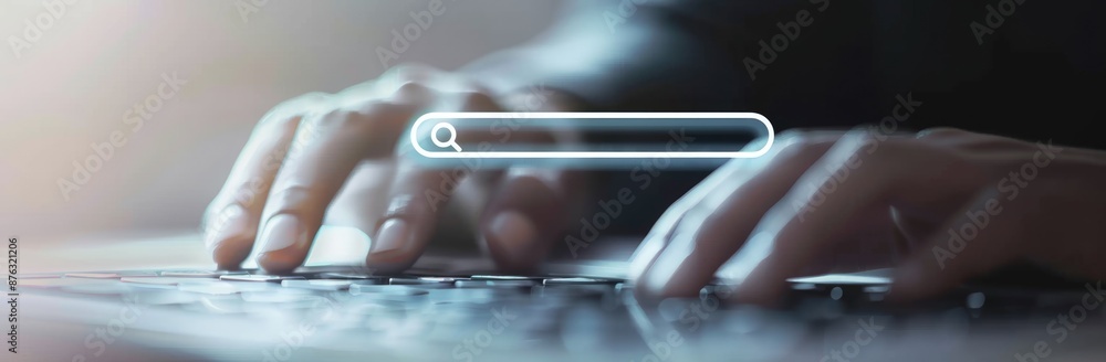 Poster hands typing on a keyboard with a search engine interface overlay, symbolizing technology and intern