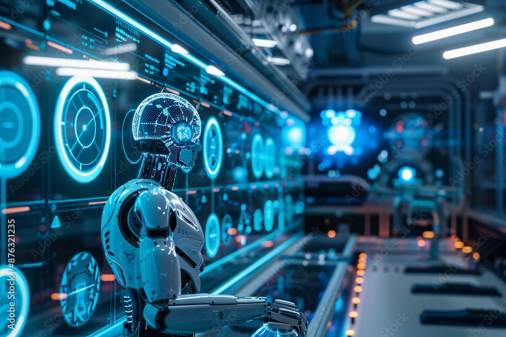 Poster a high-tech robotic entity in a futuristic control room with holographic interfaces and neon blue li