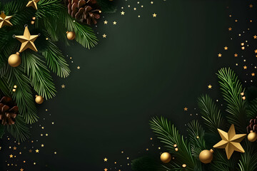 Festive Christmas border with pine branches adorned with golden balls, stars, and pine cones on a dark background.