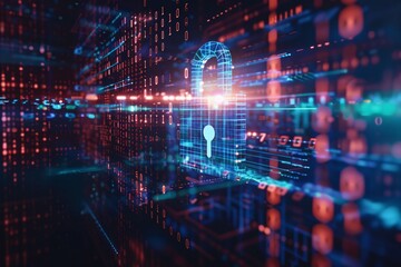 A vibrant digital rendering of a padlock set against a backdrop of binary code, symbolizing cybersecurity and data protection.