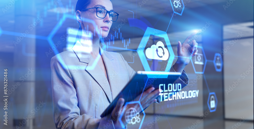 Poster cloud technology, computing and data storage concept. businesswoman pressing button on virtual scree