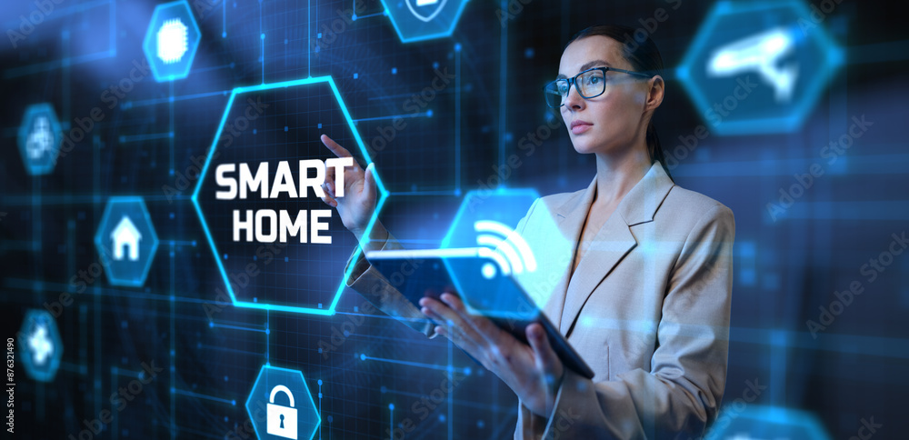 Poster smart home wireless control system iot. woman using augmented reality virtual screen.