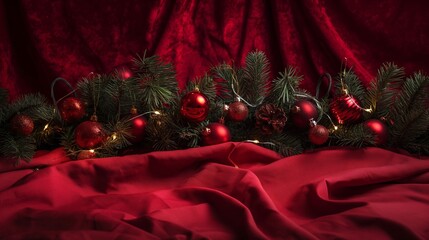 A red background with a red blanket and a bunch of red Christmas ornaments. Christmas background