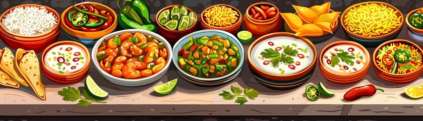 A table spread with bowls of colorful food, including dips, salads, and sides.