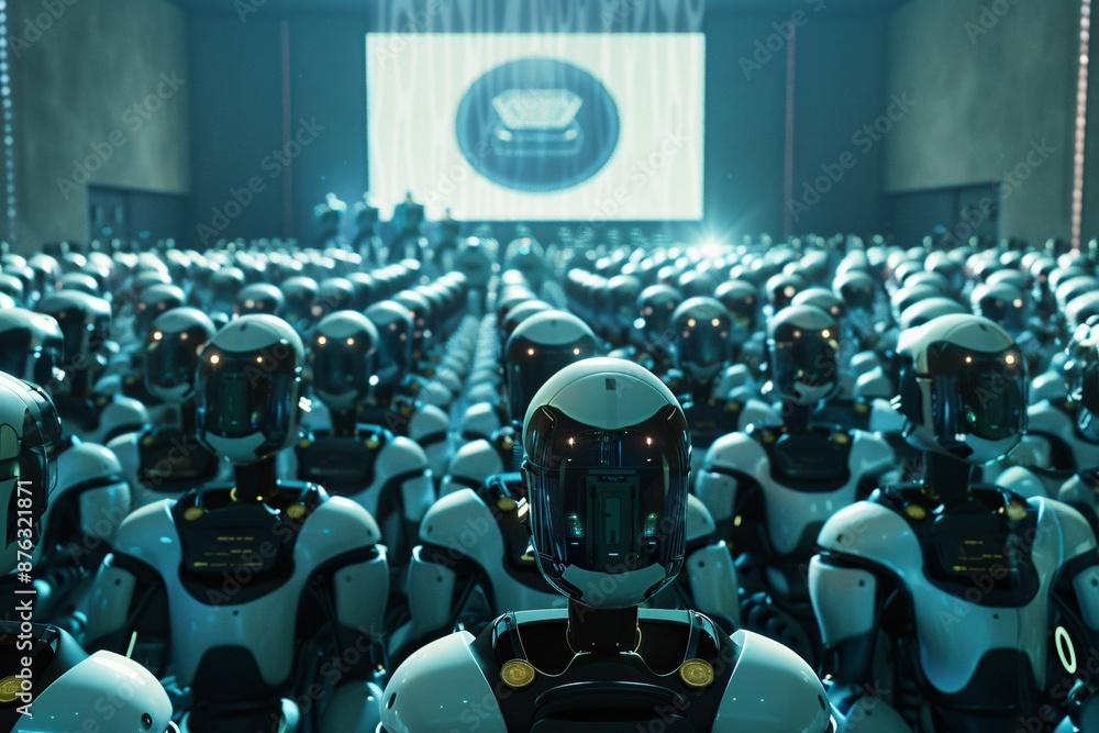 Poster a large gathering of humanoid robots in a futuristic setting, facing a large display screen. the adv
