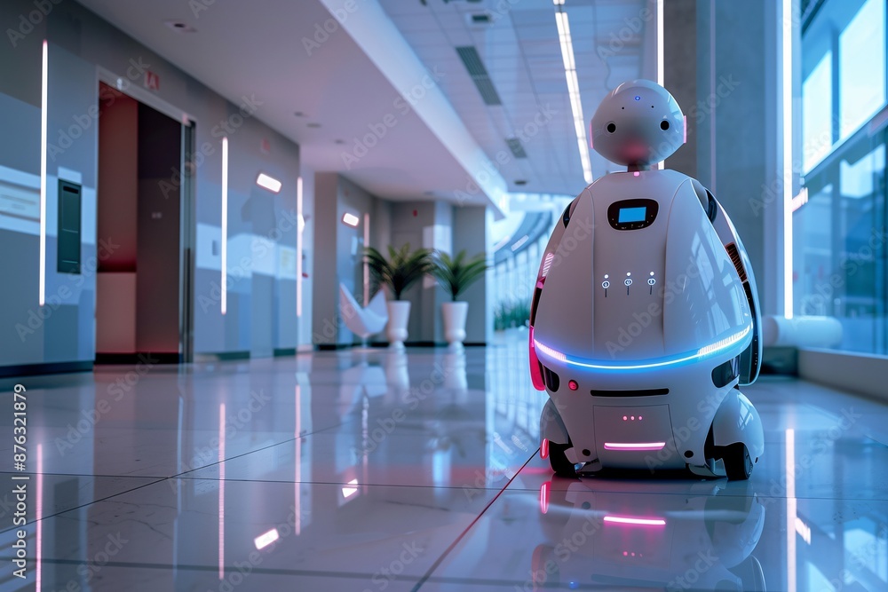 Poster a sophisticated robot in a modern hallway, illuminated by various ambient lights. the robot features